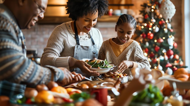 Photo une famille afro-américaine prépare le dîner ensemble dans la cuisine. ils entourent une table et la mère sert de la nourriture.