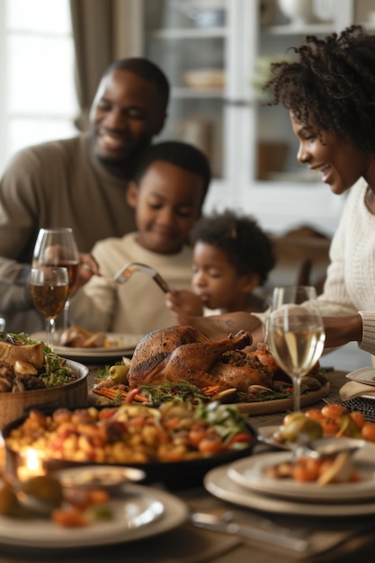 Une famille afro-américaine en train de dîner.