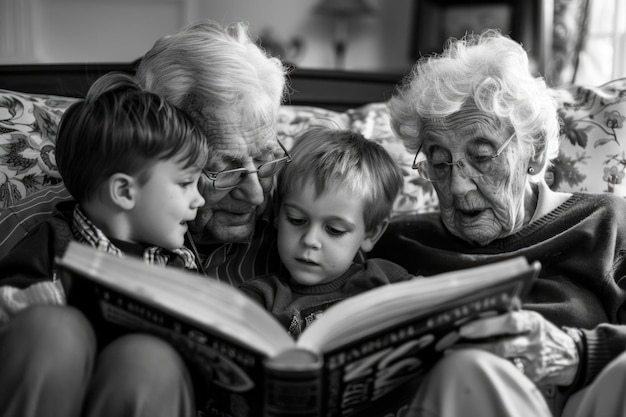 Une famille d'âges différents assise ensemble sur un canapé absorbée par un livre favorisant la connexion et l'unité