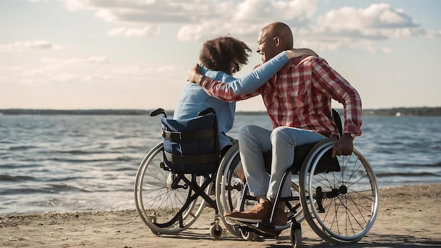 Photo une famille aimante en fauteuil roulant passe du temps près de l'eau