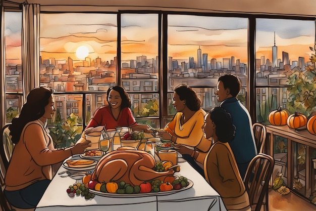 une famille aimante profite d'un déjeuner de Thanksgiving à table avec vue illustration