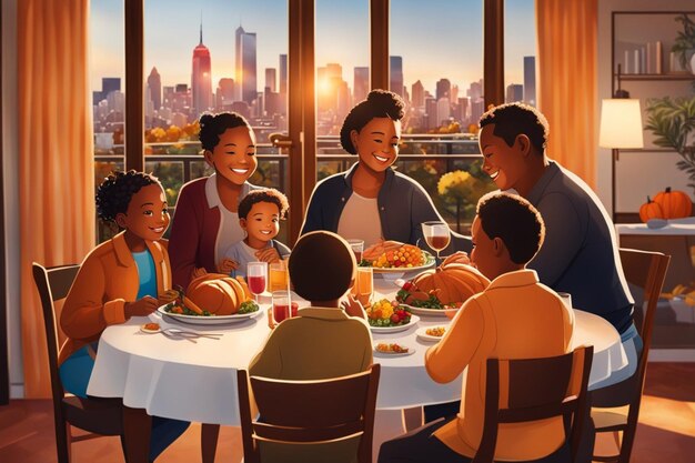 une famille aimante profite d'un déjeuner de Thanksgiving à table avec vue illustration