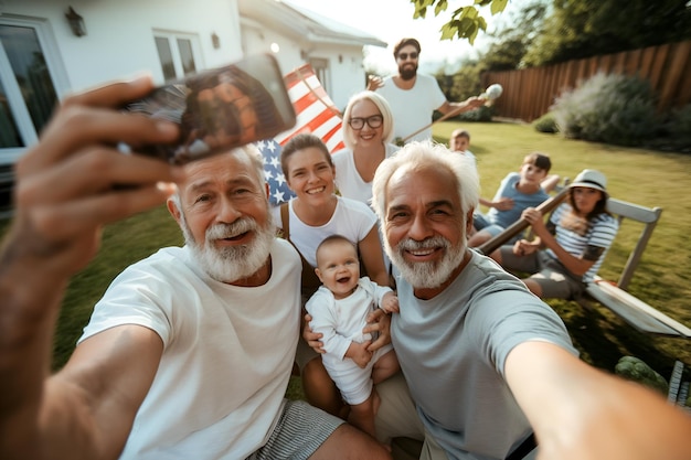 famille avec les aînés et le bébé tiennent le drapeau américain célébration du barbecue 4 juillet Jour de l'indépendance