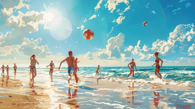 La famille et les amis profitent d'une journée ensoleillée sur la plage avec des jeux de balle