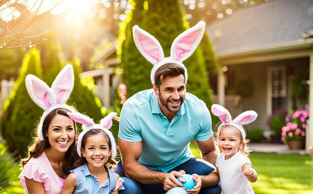 Une famille apprécie une chasse aux œufs de Pâques dans l'arrière-cour avec un enfant portant des oreilles de lapin