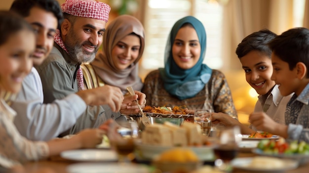 Une famille arabe de plusieurs générations se réunit pour manger.