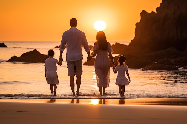 Famille à l'arrivée tranquille à la plage vacances