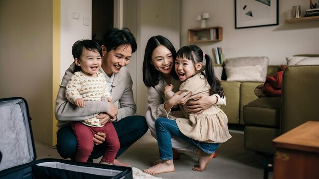 Une famille asiatique déménage dans un nouvel appartement.