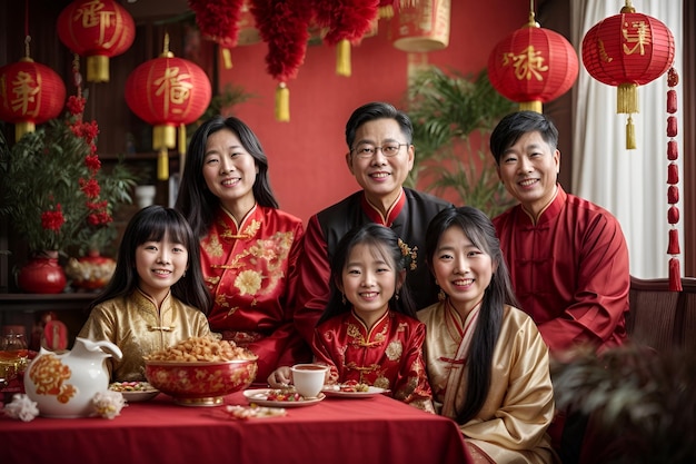 Une famille asiatique heureuse célèbre le Nouvel An chinois à la maison.