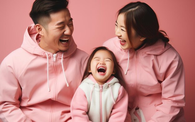 Une famille asiatique heureuse souriante et riante portant des vêtements brillants photo de studio