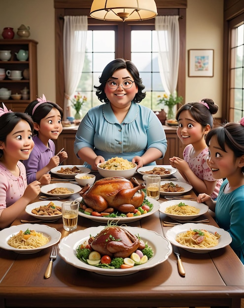 une famille assise autour d'une table pour un dîner de Thanksgiving