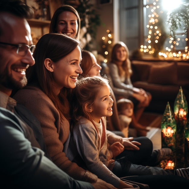 Une famille assise sur le canapé dans le salon en train de regarder un film à la télévision et de manger du pop-corn.