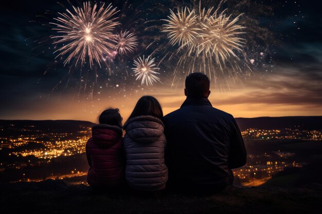 Une famille assise sur une colline et regardant les feux d'artifice