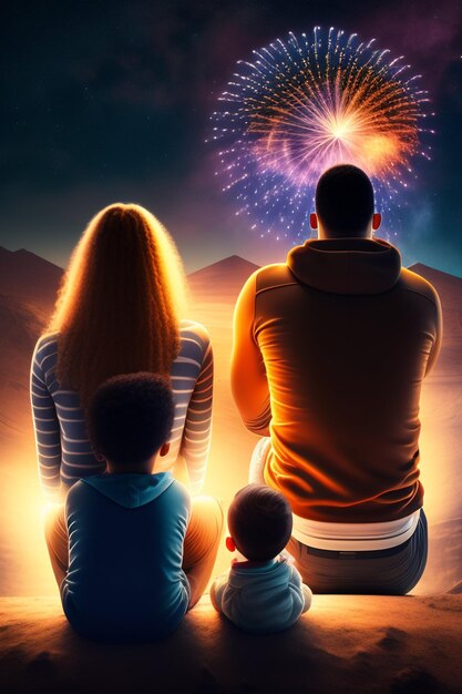 Photo une famille assise sur une colline en train de regarder des feux d'artifice