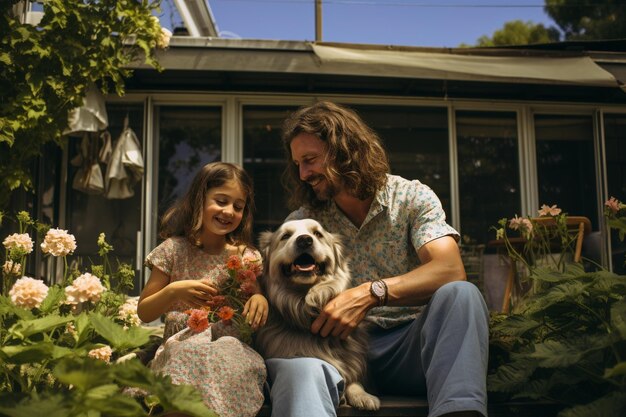 Photo famille assise dans la cour avec un chien de compagnie