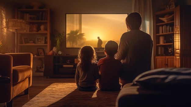 Famille assise ensemble dans un salon confortable à regarder la télévision Generative AI