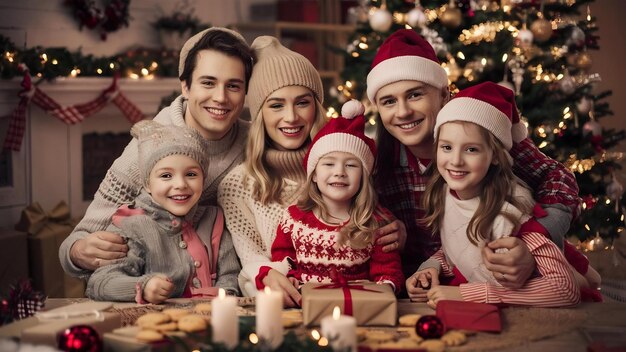 Une famille assise à la maison près de l'arbre de Noël