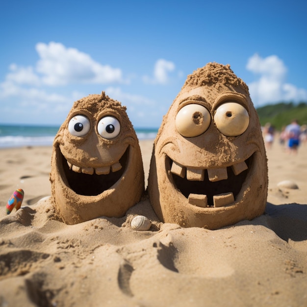 Famille au bord de la mer Family Face symbole sur une plage de sable offrant un ample espace de copie Pour les médias sociaux Post S