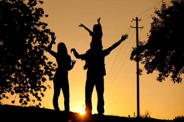 Famille ayant une promenade au coucher du soleil