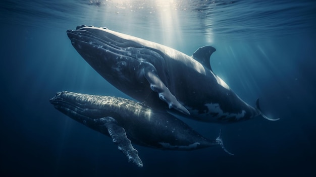 Une famille de baleines dans les profondeurs de l'océan dans les rayons du soleil ai génératif
