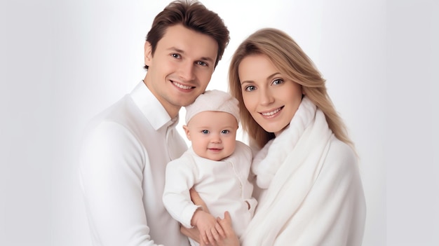 Une famille avec un bébé et une couverture blanche