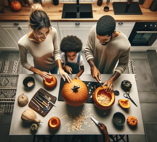 Une famille biraciale joyeuse créant des souvenirs sculptant des citrouilles