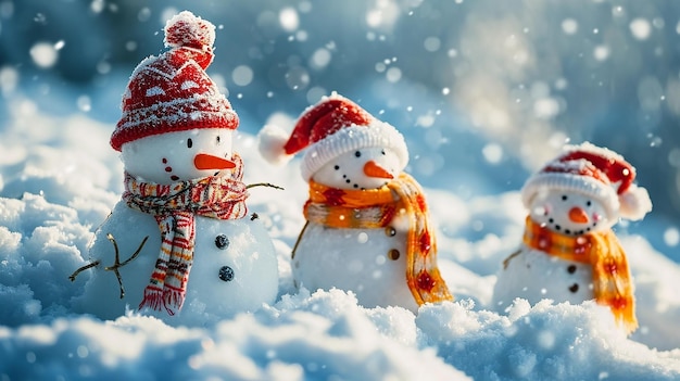 Famille de bonhomme de neige avec des chapeaux et des foulards chauds dans la forêt d'hiver