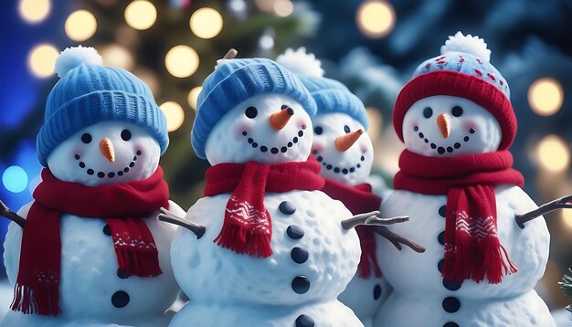 Famille de bonhomme de neige avec des chapeaux rouges et des foulards sur le fond d'un arbre de Noël