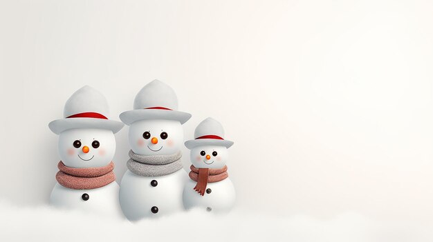 Famille de bonhommes de neige sur fond clair, espace de copie