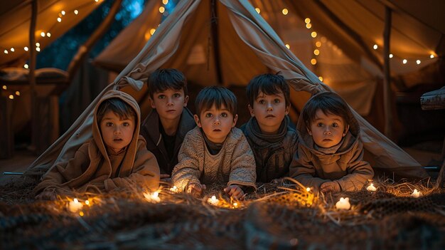 Photo famille en camping à l'intérieur en train d'établir des tentes