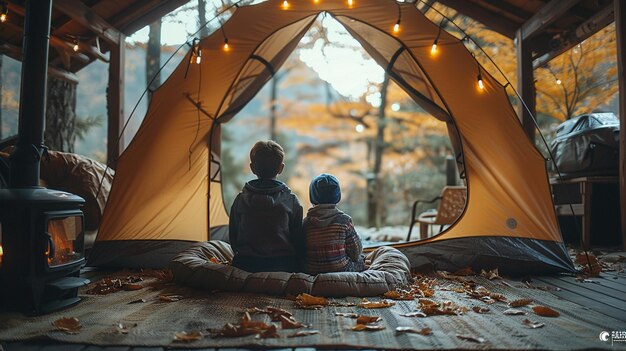 Photo famille en camping à l'intérieur en train d'établir des tentes