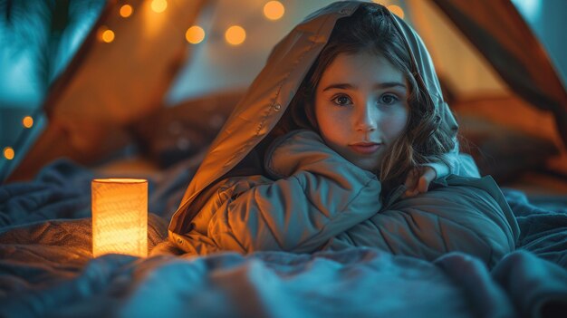 Photo famille en camping à l'intérieur en train d'établir des tentes