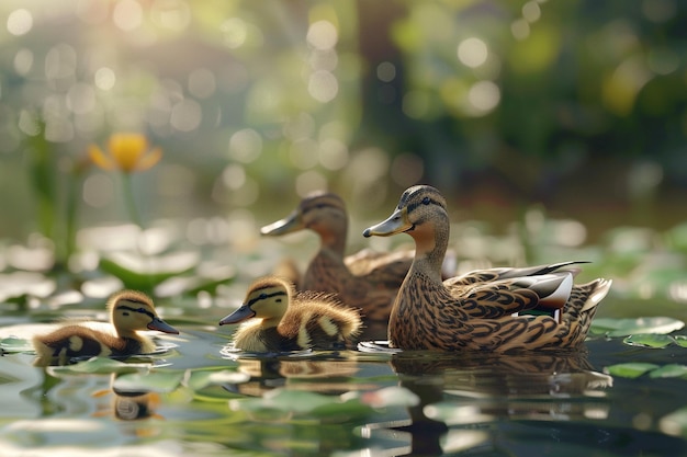 Une famille de canards nageant dans un étang