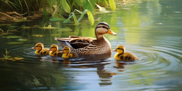 Une famille de canards nageant ensemble dans un étang calme