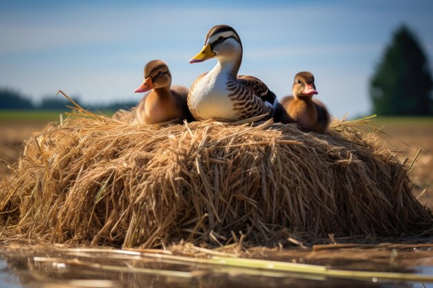 Une famille de canards nichée sur une balle de foin près d'un étang