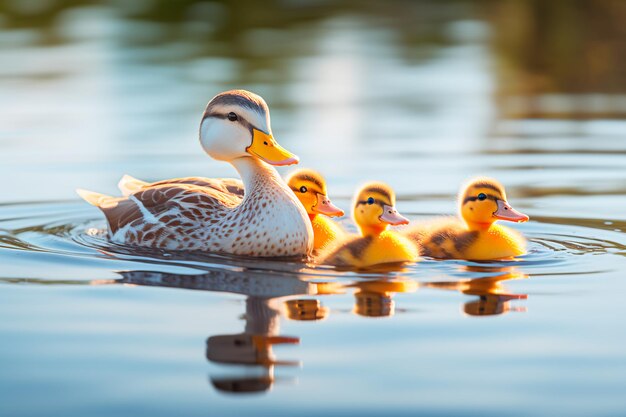 Photo une famille de canards sereine glisse sur un étang calme créant un reflet parfait sur la vague.