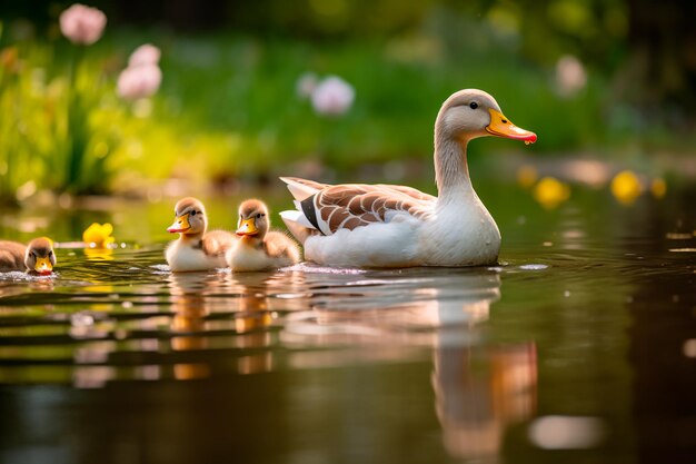 Une famille de canards sereine glisse sur un étang calme créant un reflet parfait sur la vague.