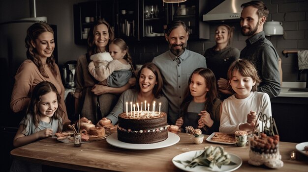 Photo une famille célébrant un anniversaire avec un gâteau et des bougies