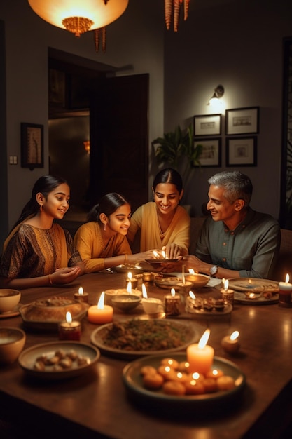 Une famille célébrant un anniversaire à une table avec des bougies dessus