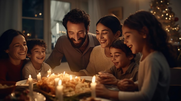 La famille célèbre avec un gâteau d'anniversaire et des bougies