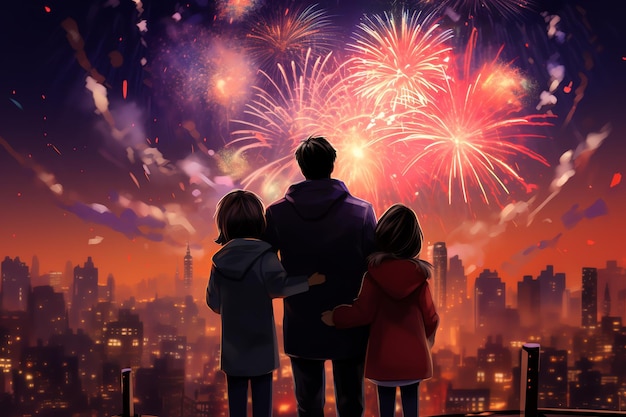 une famille célèbre le Nouvel An dans la ville avec des feux d'artifice en arrière-plan illustration de style anime