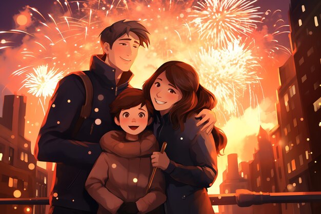 une famille célèbre le Nouvel An dans la ville avec des feux d'artifice en arrière-plan illustration de style anime