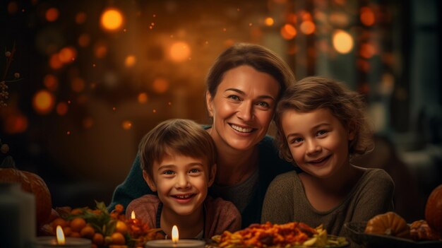 La famille célèbre Thanksgiving et la fête de la récolte Visages heureux et sourires Une chaude journée d'automne