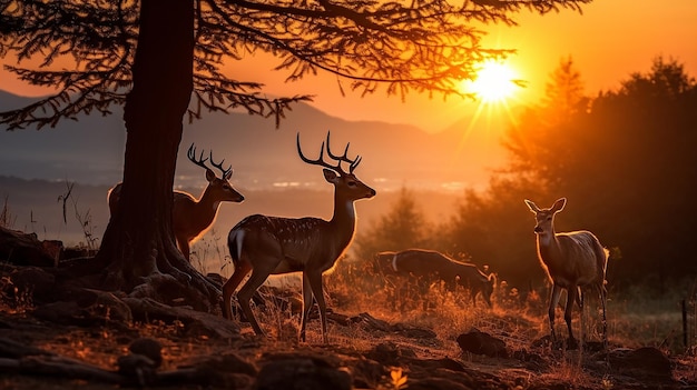 famille de cerfs au coucher du soleil à thung kramang chaiyaphum