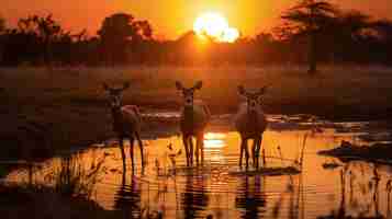 Photo famille de cerfs au coucher du soleil à thung kramang chaiyaphum