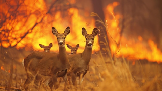 Photo une famille de cerfs fuyant à la hâte un mur de flammes leur habitat naturel maintenant un dangereux et