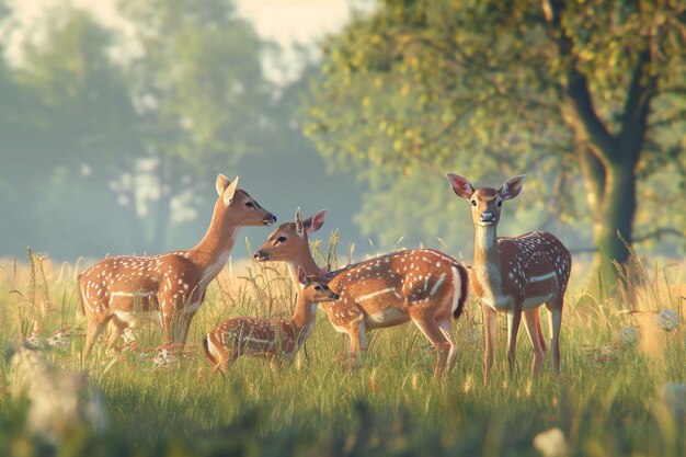 Une famille de cerfs qui paissent dans une prairie