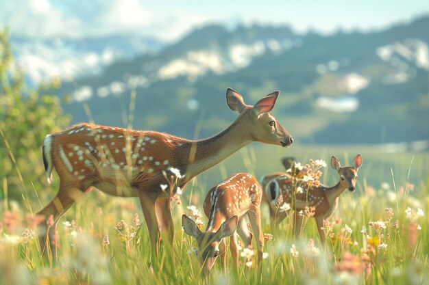 Une famille de cerfs qui paissent dans une prairie