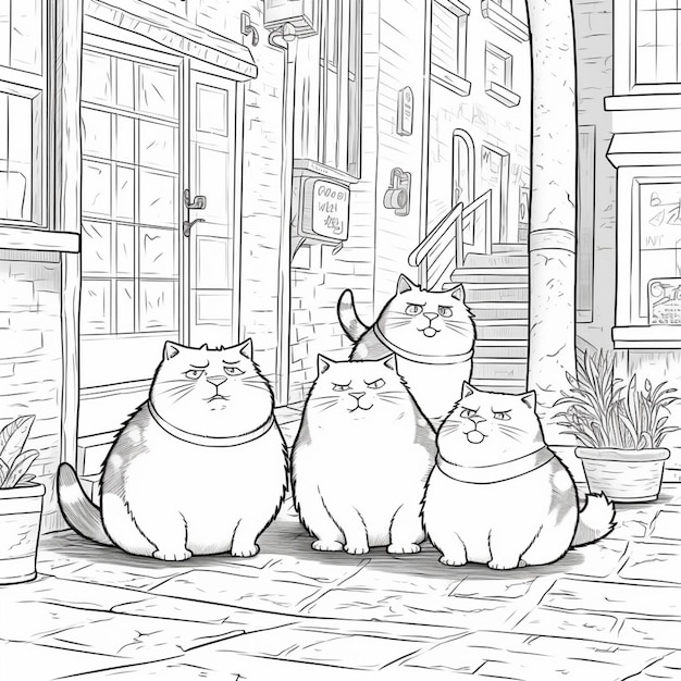 Une famille de chats de dessin animé assis sur le trottoir devant une maison ai générative