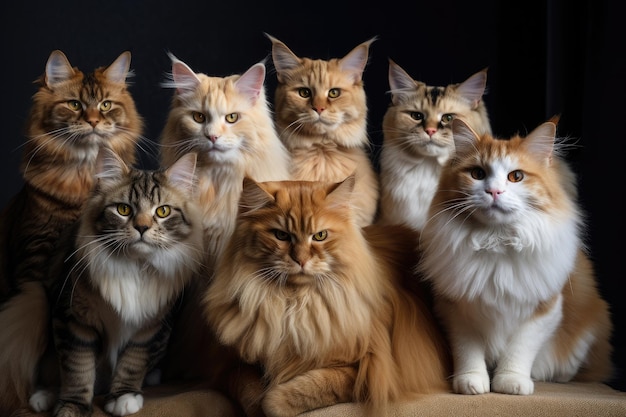 Famille de chats avec tous les membres regardant directement la caméra créée avec l'IA générative